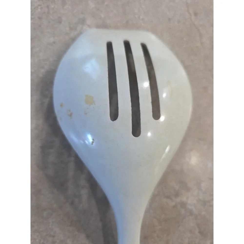 Vintage Melamine White Floral Slotted Serving Spoon Flower Handle